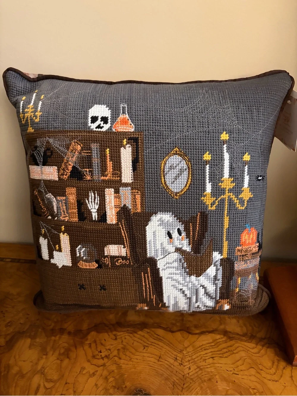 Halloween Ghost reading Needlepoint Decorative Pillow